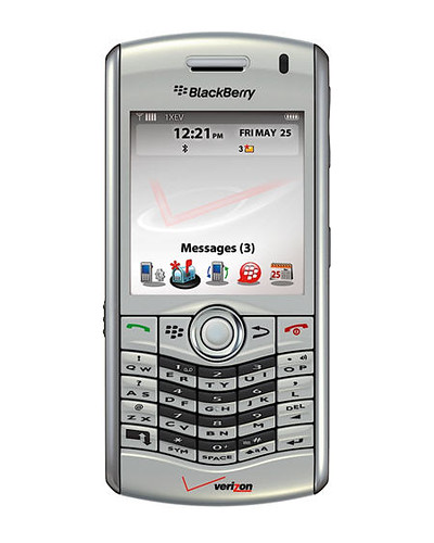 Photo of a silver BlackBerry Pearl 8130 phone with a small screen and a full keypad. Image: Ardalis (Steve Smith).